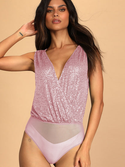 Sequin Surplice Sleeveless Bodysuit-Angel Casuals