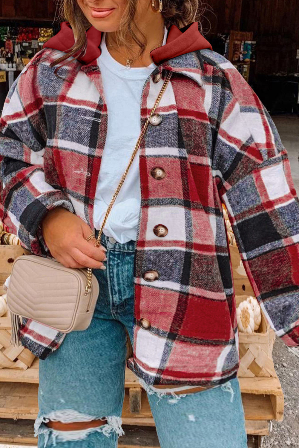 Plus Size Plaid Button Up Hooded Jacket-Angel Casuals