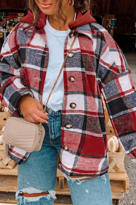 Plus Size Plaid Button Up Hooded Jacket-Angel Casuals