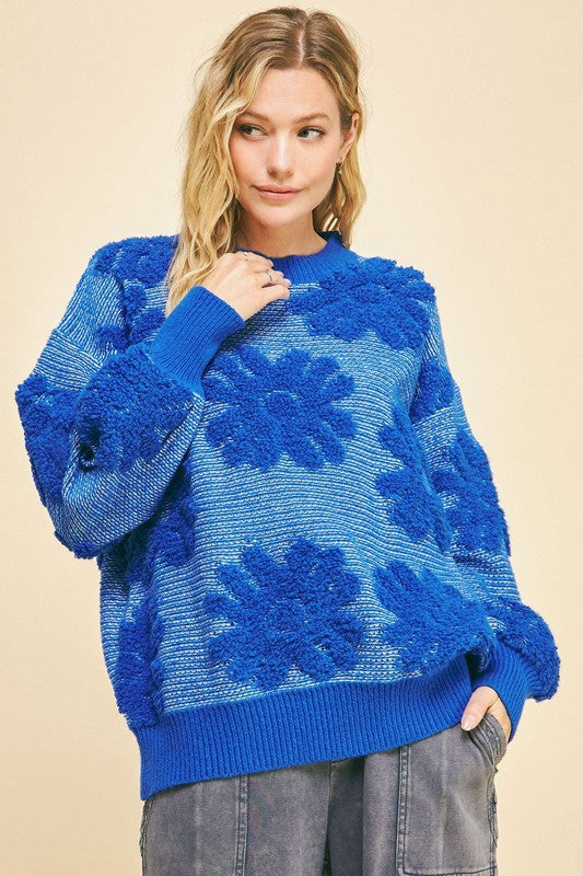 Davi & Dani Flower Texture Round Neck Dropped Shoulder Sweater-Angel Casuals