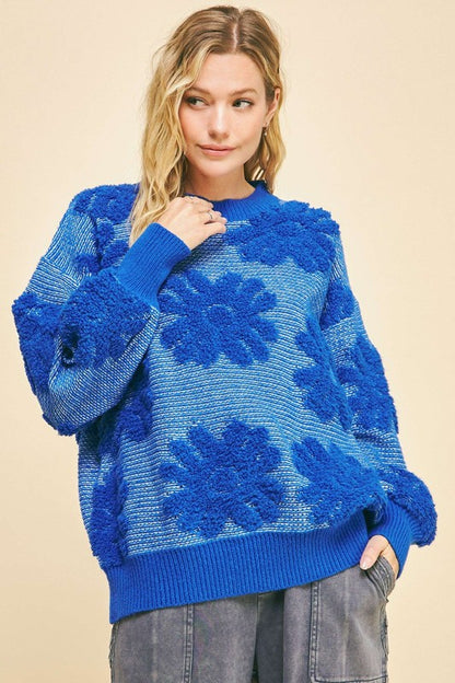 Davi & Dani Flower Texture Round Neck Dropped Shoulder Sweater-Angel Casuals