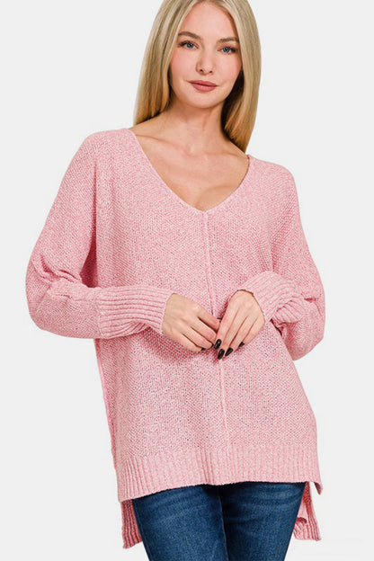 Zenana High-Low Center Seam V-Neck Sweater-Angel Casuals