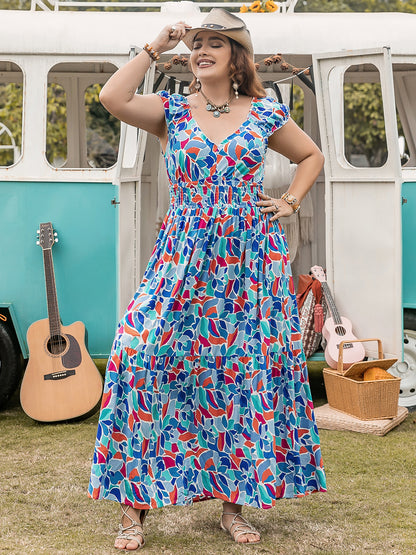 Plus Size Printed Cap Sleeve Dress-Angel Casuals