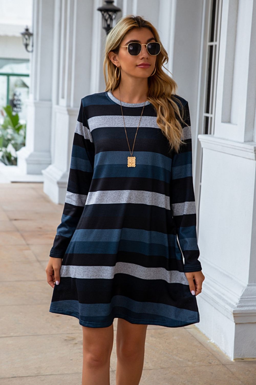 Striped Round Neck Long Sleeve Dress-Angel Casuals