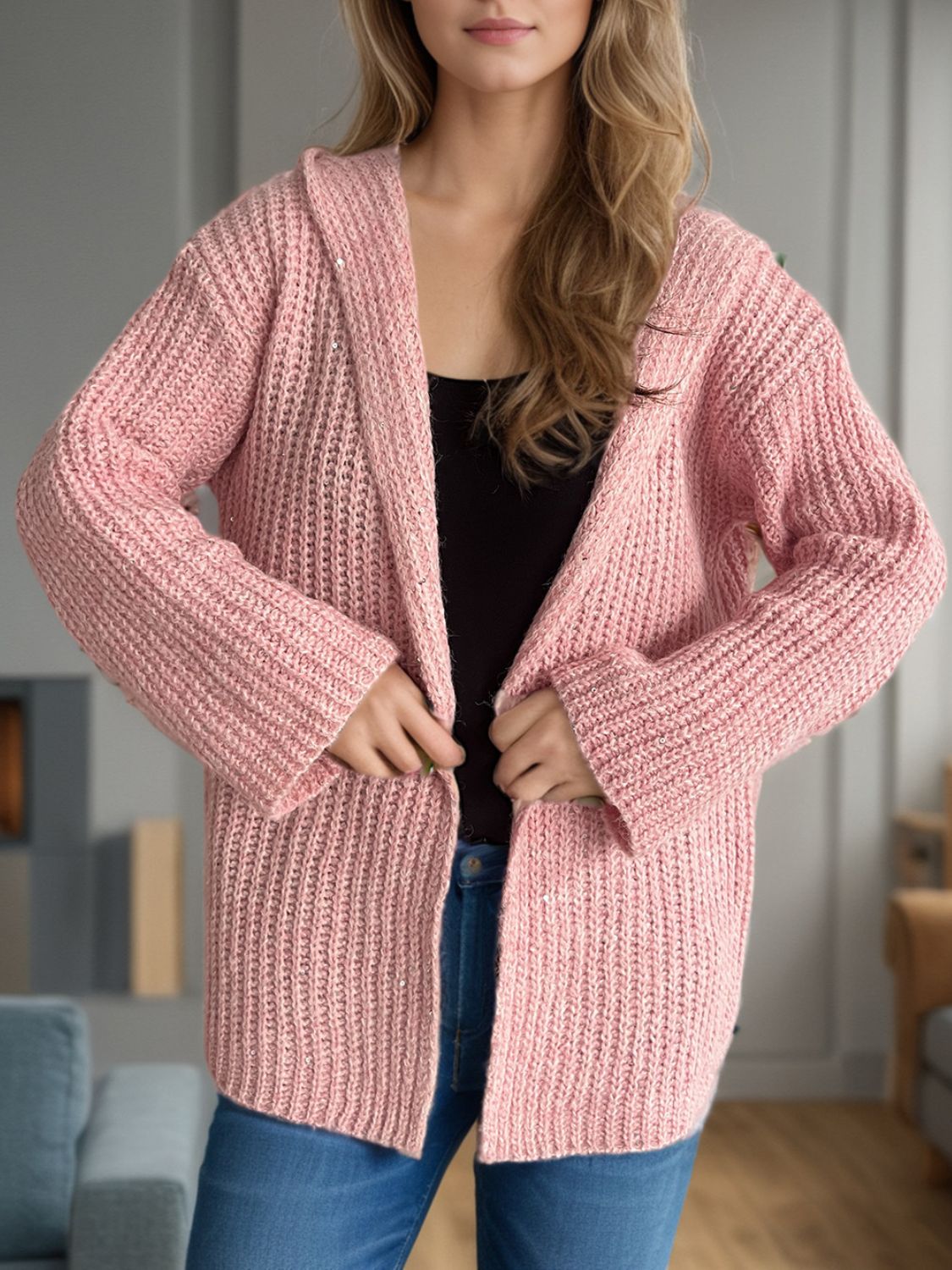 Sequin Detail Long Sleeve Hooded Cardigan-Angel Casuals