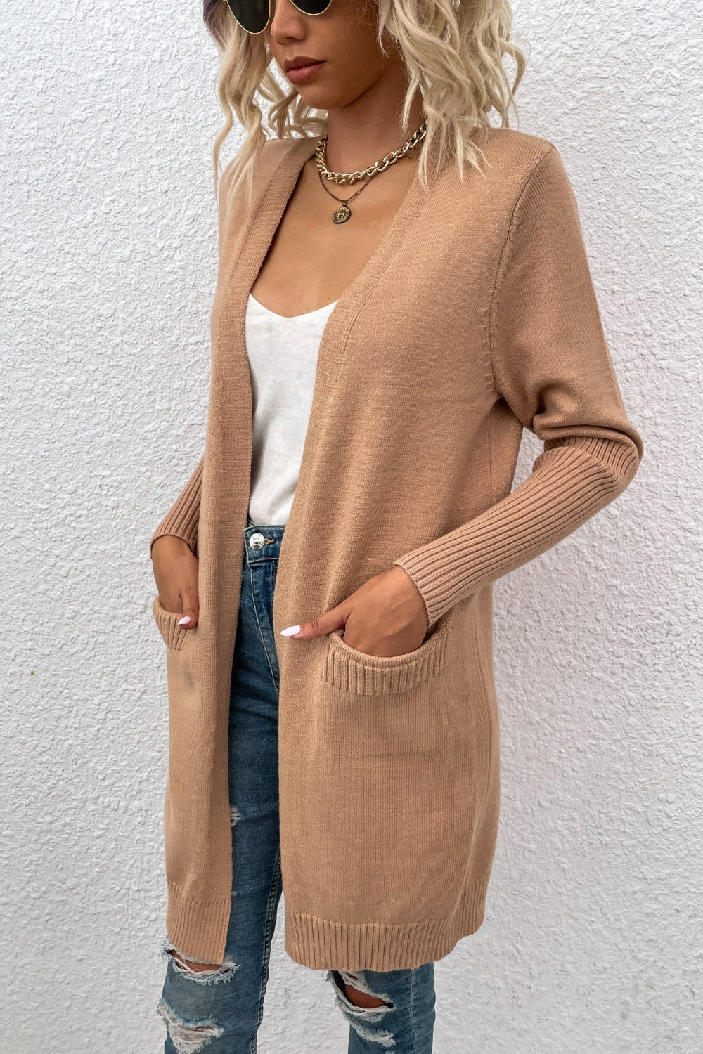 Open Front Long Sleeve Cardigan with Pockets-Angel Casuals