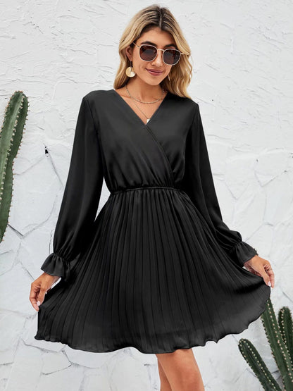 Surplice Flounce Sleeve Pleated Mini Dress-Angel Casuals