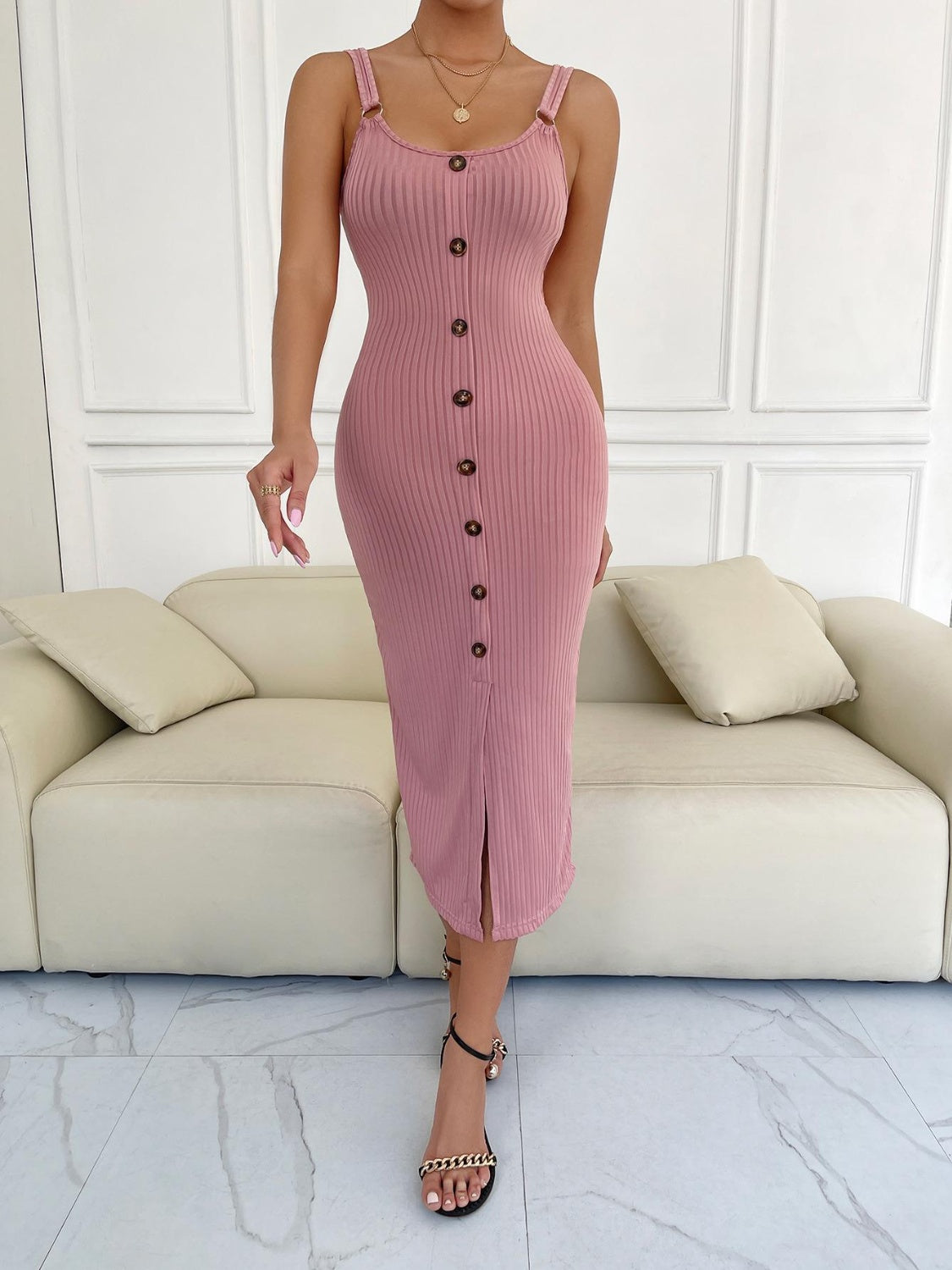 Ribbed Slit Decorative Button Cami Dress-Angel Casuals