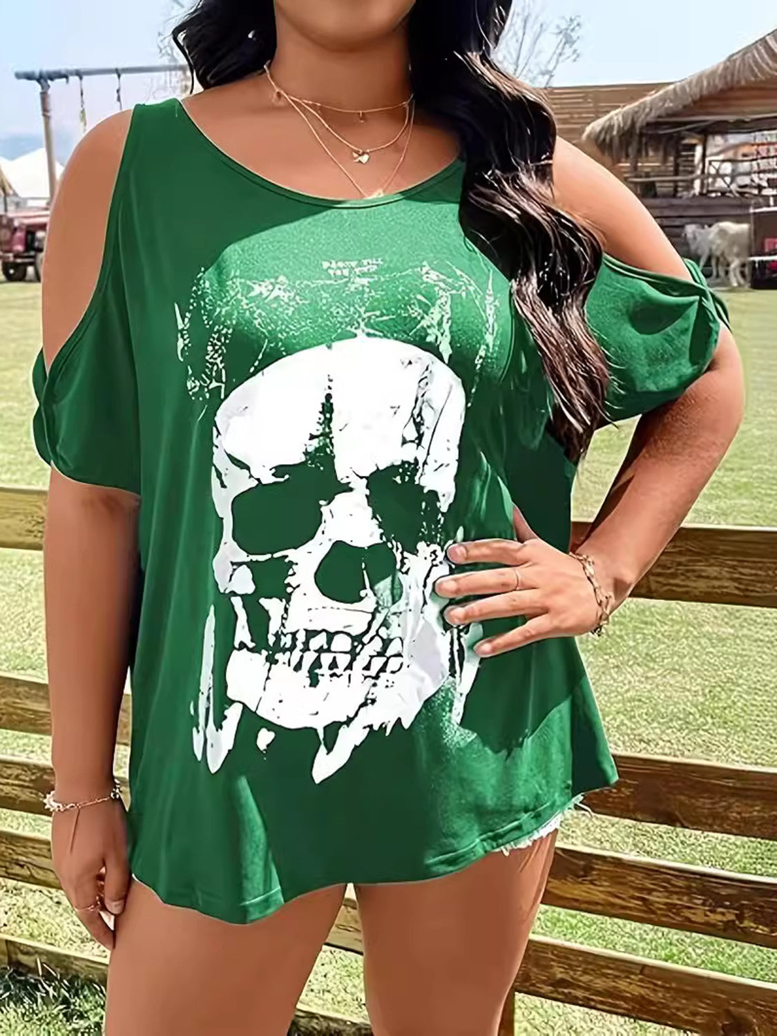 Plus Size Skeleton Graphic Round Neck Cold Shoulder T-Shirt-Angel Casuals