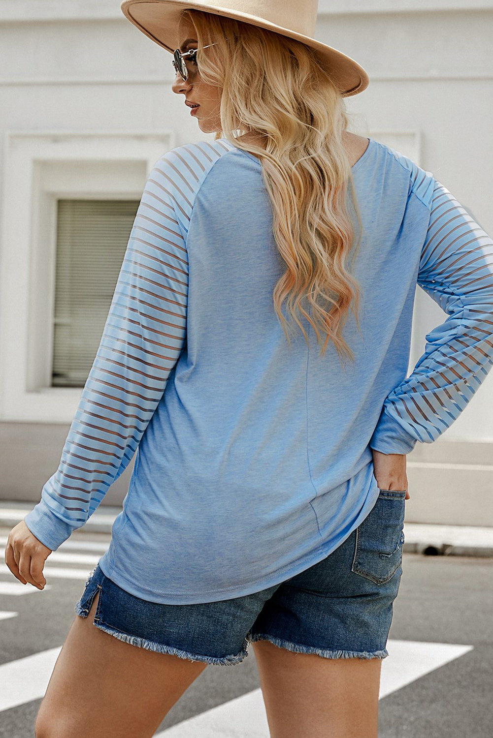 Plus Size Sheer Striped Sleeve V-Neck Top-Angel Casuals