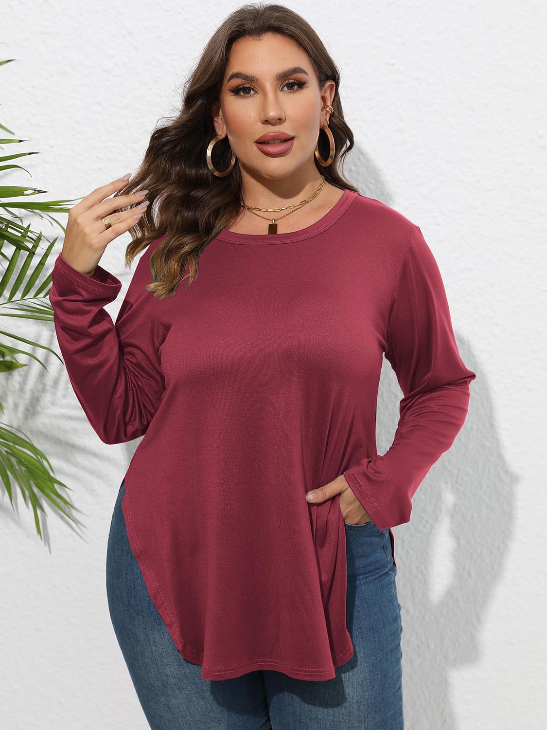 Plus Size Round Neck Long Sleeve Slit T-Shirt-Angel Casuals