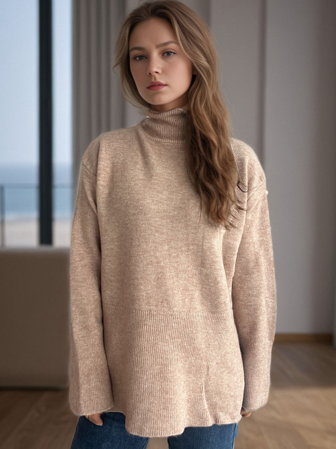 Side Slit Turtleneck Long Sleeve Sweater-Angel Casuals