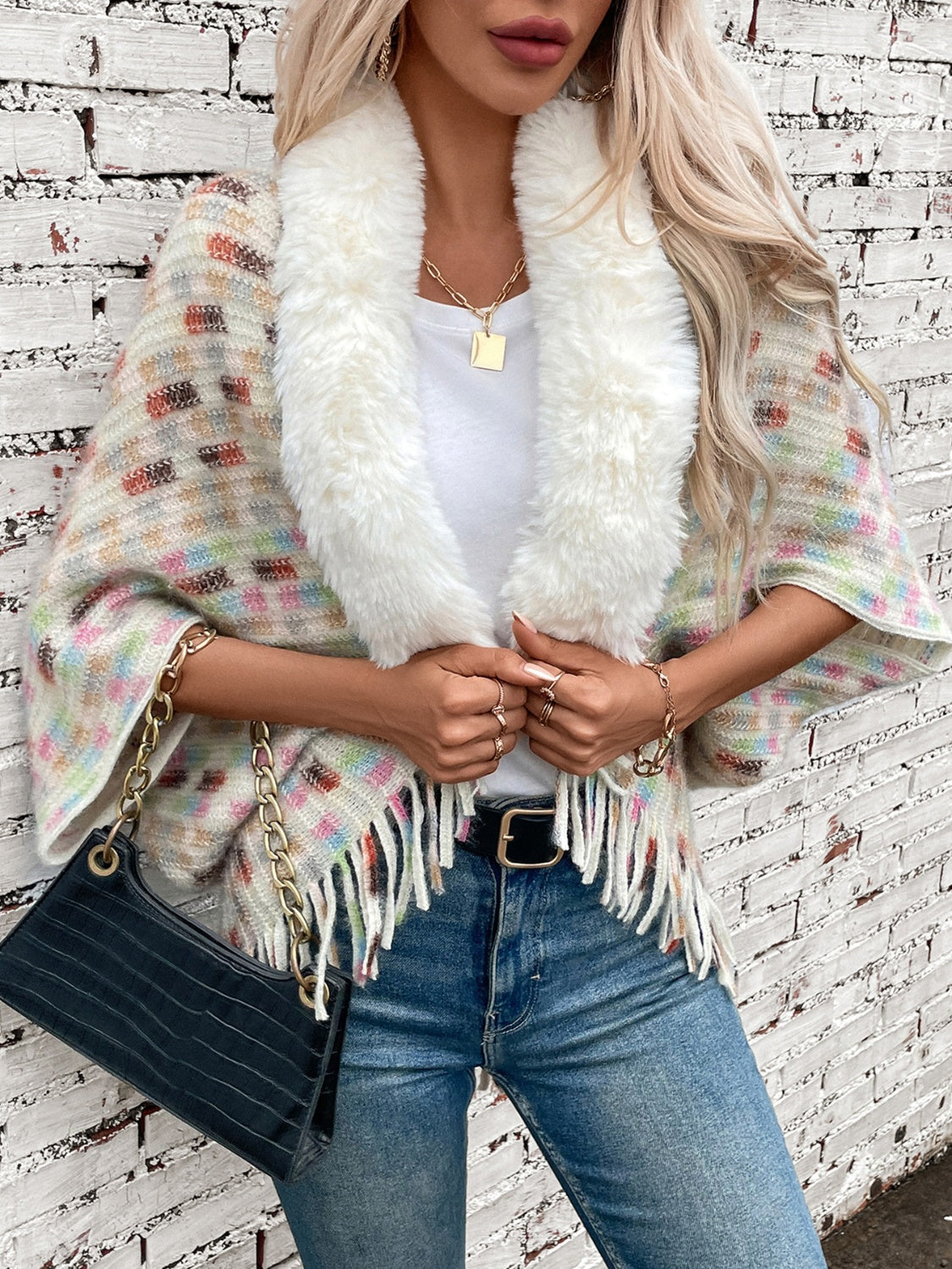 Fringe Fuzzy Open Front Poncho-Angel Casuals