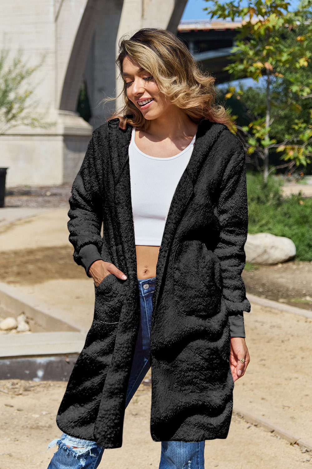 Double Take Full Size Hooded Teddy Bear Jacket with Thumbholes-Angel Casuals