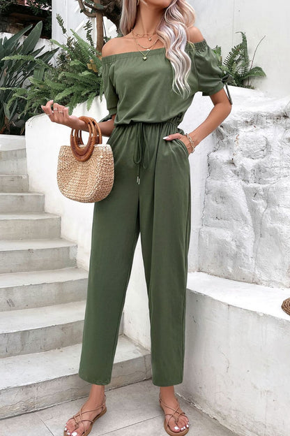 Off-Shoulder Tie Cuff Jumpsuit with Pockets-Angel Casuals