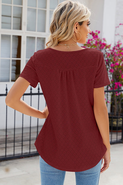 Eyelet Quarter Button Short Sleeve T-Shirt-Angel Casuals