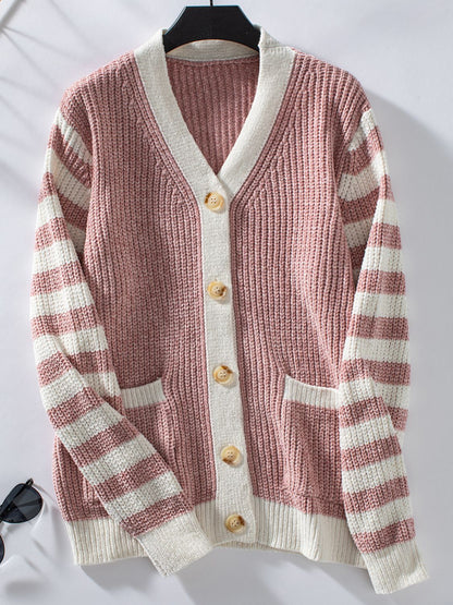 Striped Button Up Long Sleeve Cardigan-Angel Casuals
