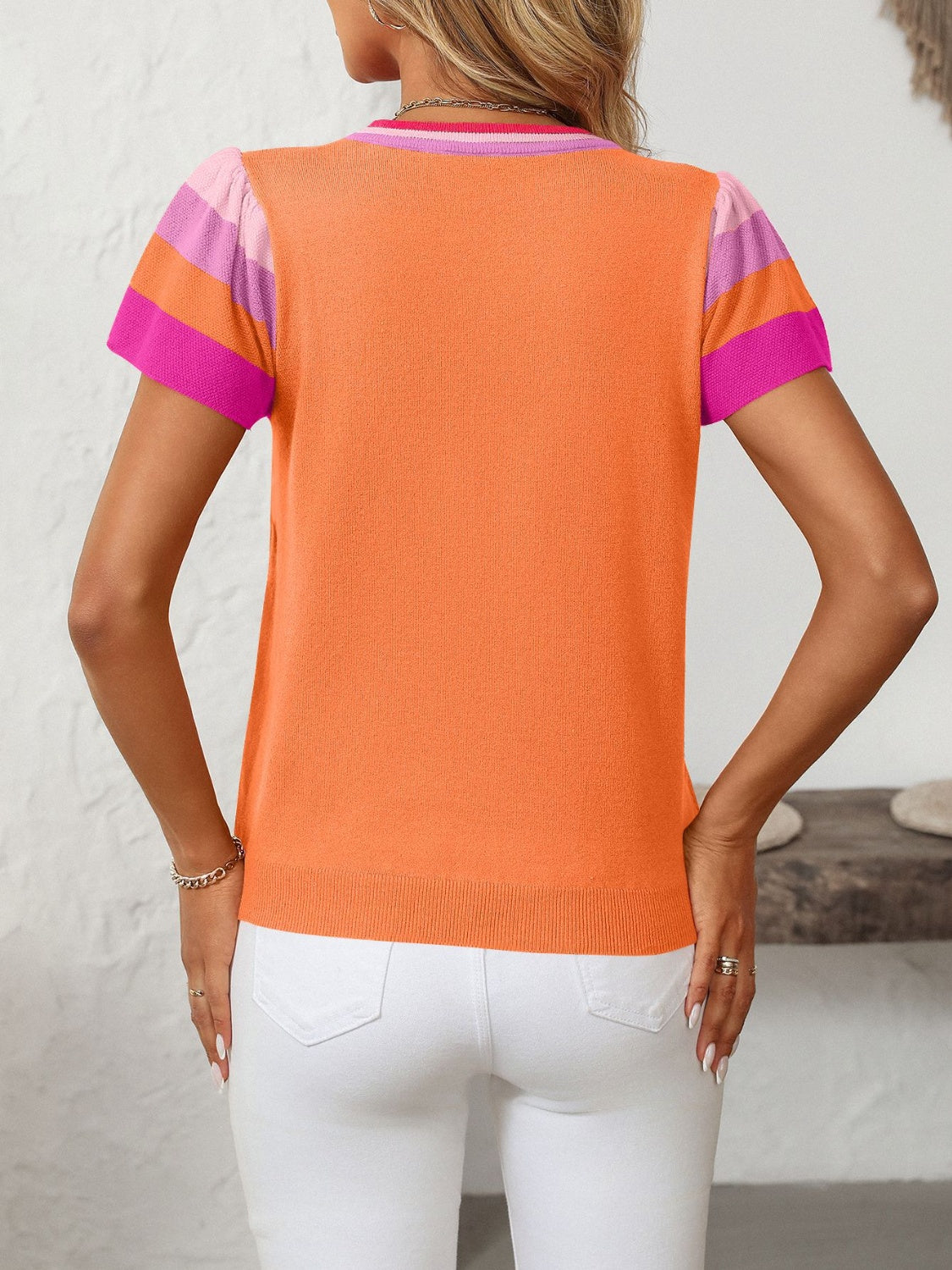 Mandy Contrast Round Neck Short Sleeve Knit Top-Angel Casuals