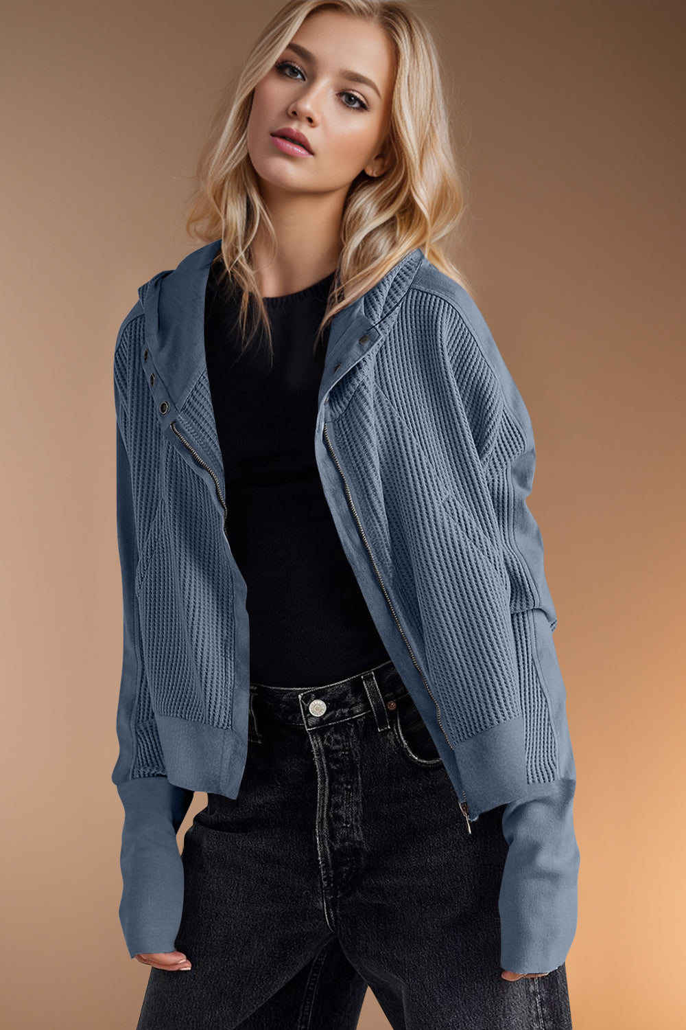 Double Take Waffle-Knit Zip Up Long Sleeve Hooded Jacket-Angel Casuals
