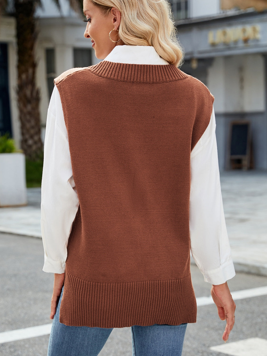 Side Slit V-Neck Sweater Vest-Angel Casuals