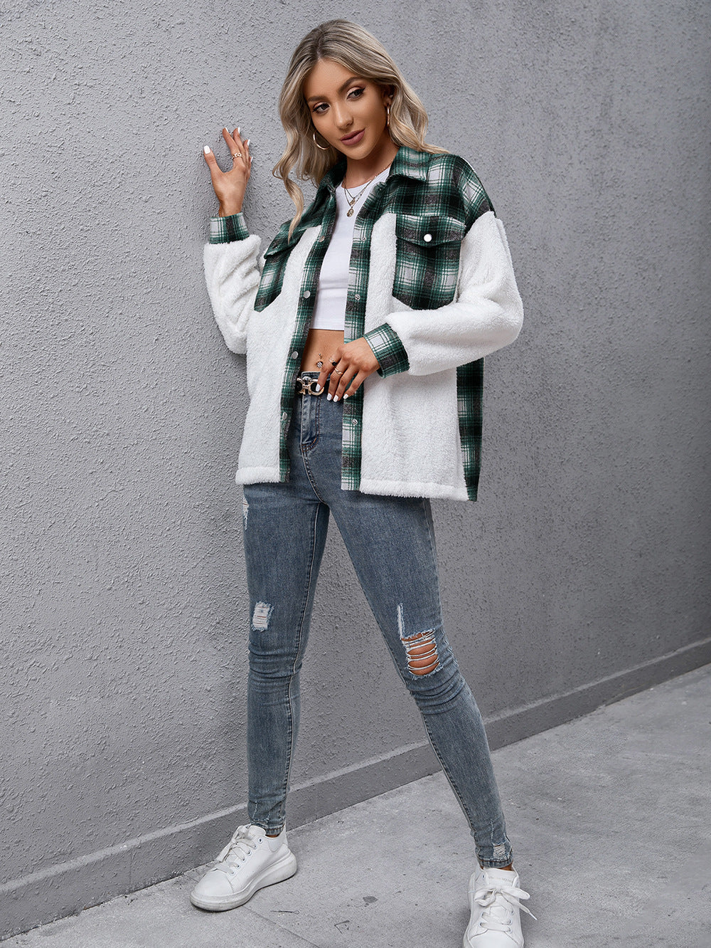 Plaid Collared Neck Button Down Jacket-Angel Casuals