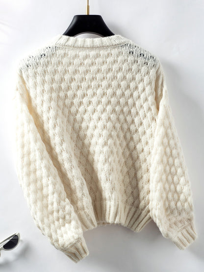 Cable-Knit Round Neck Long Sleeve Sweater-Angel Casuals