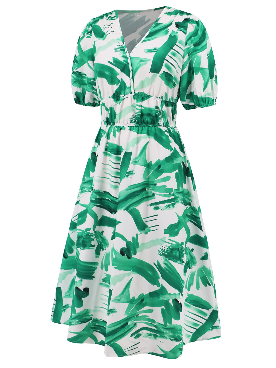 Ruched Printed Surplice Short Sleeve Dress-Angel Casuals