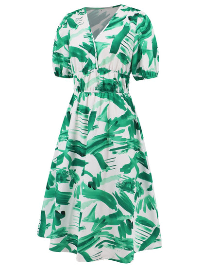 Ruched Printed Surplice Short Sleeve Dress-Angel Casuals