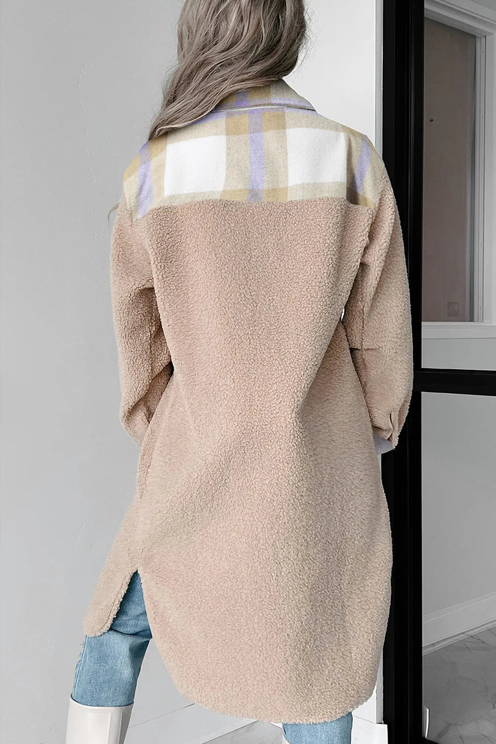 Slit Plaid Button Down Long Sleeve Coat-Angel Casuals