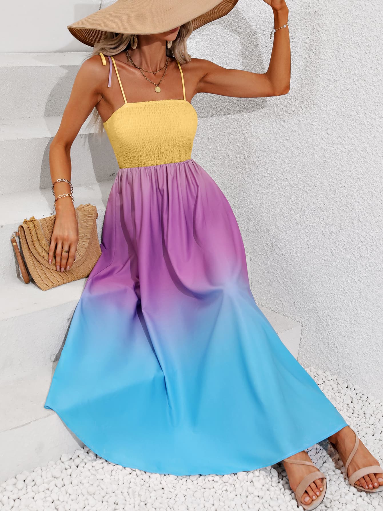 Color Block Tie Shoulder Smocked Maxi Dress-Angel Casuals