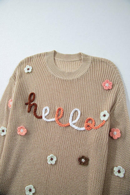 HELLO Flower Round Neck Long Sleeve Sweater-Angel Casuals