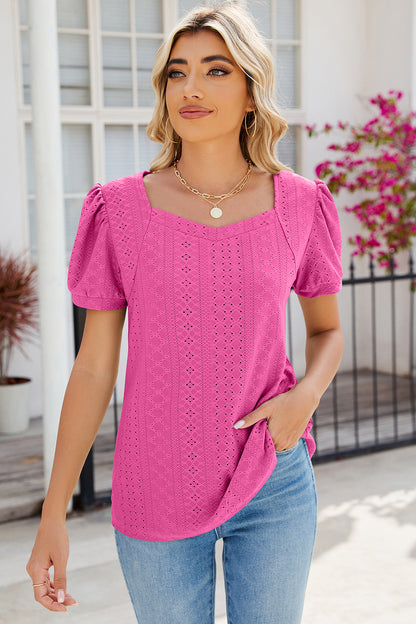 Eyelet Puff Sleeve T-Shirt-Angel Casuals