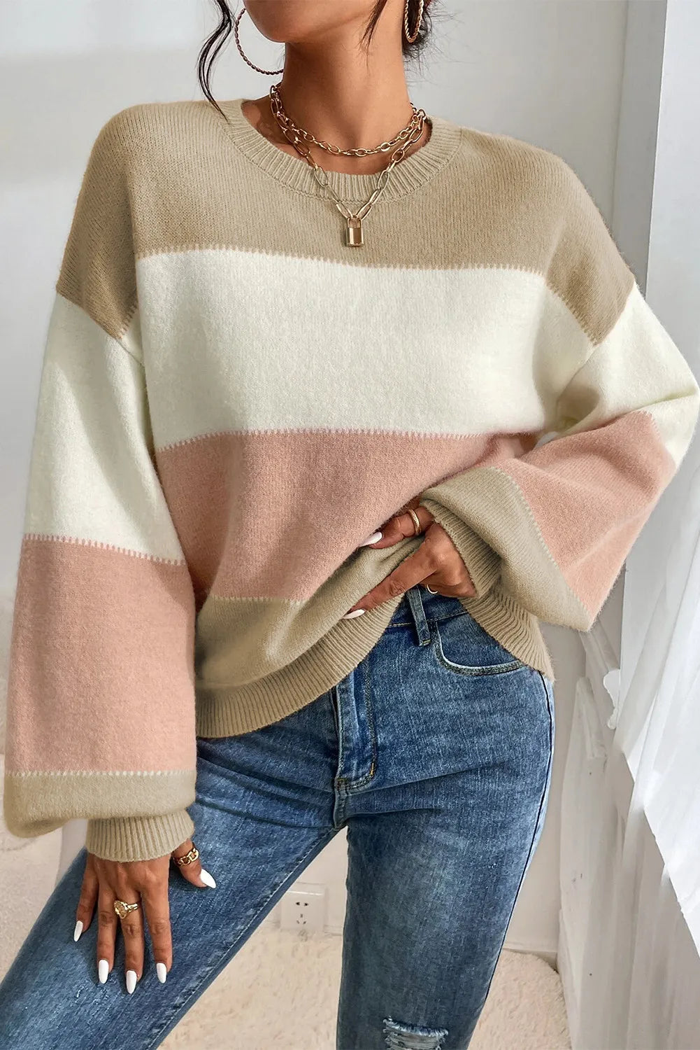 Color Block Round Neck Lantern Sleeve Sweater-Angel Casuals