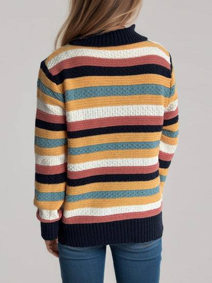 Contrast Stripes Turtleneck Long Sleeve Sweater-Angel Casuals