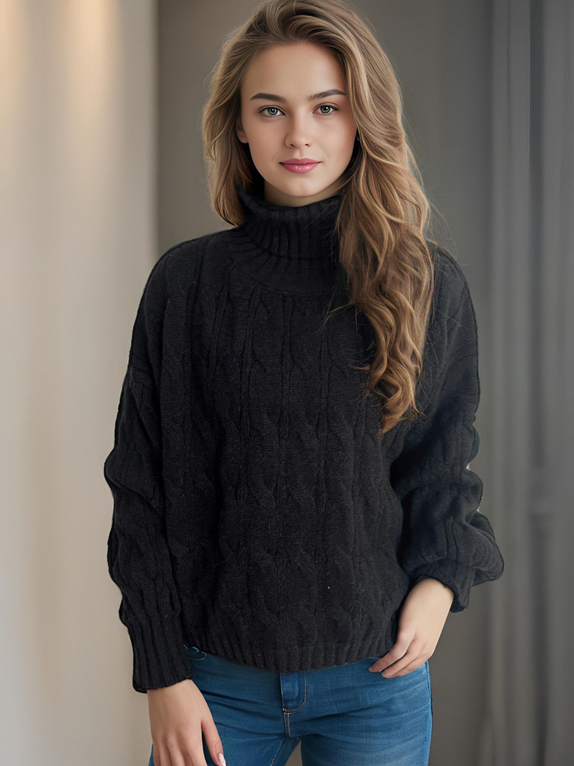 Cable-Knit Turtleneck Long Sleeve Sweater-Angel Casuals