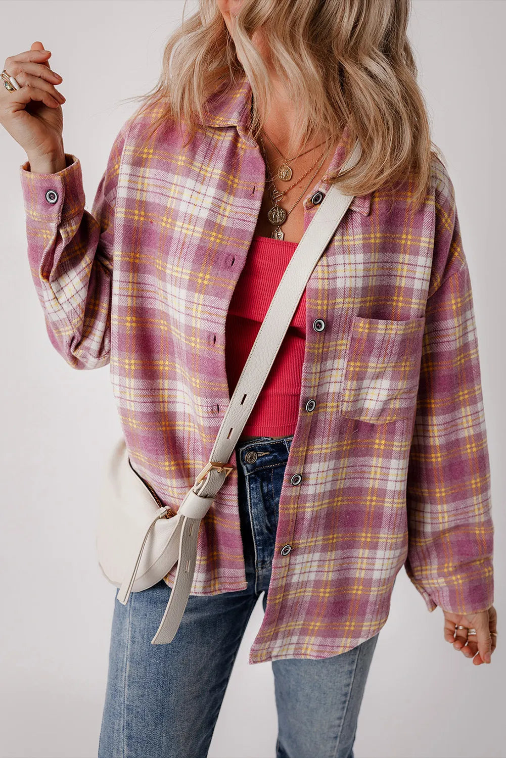 Plaid Collared Neck Long Sleeve Shacket-Angel Casuals