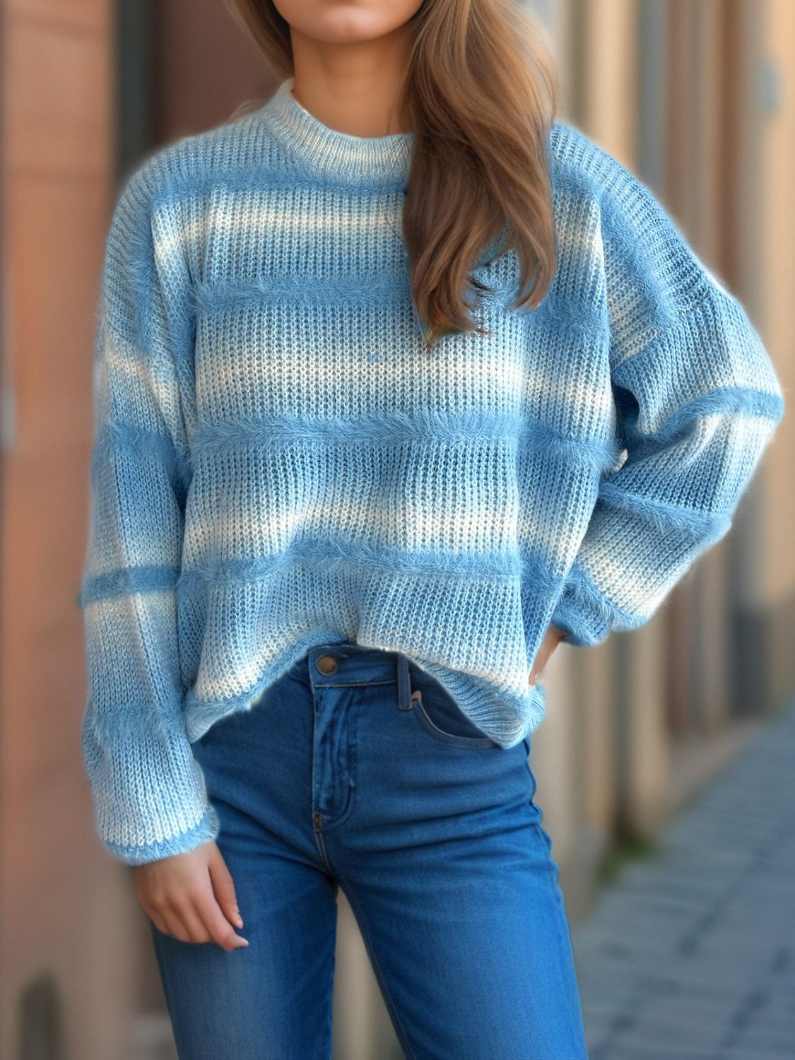 Gradient Round Neck Dropped Shoulder Sweater-Angel Casuals