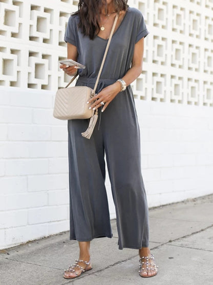 V-Neck Short Sleeve Jumpsuit-Angel Casuals