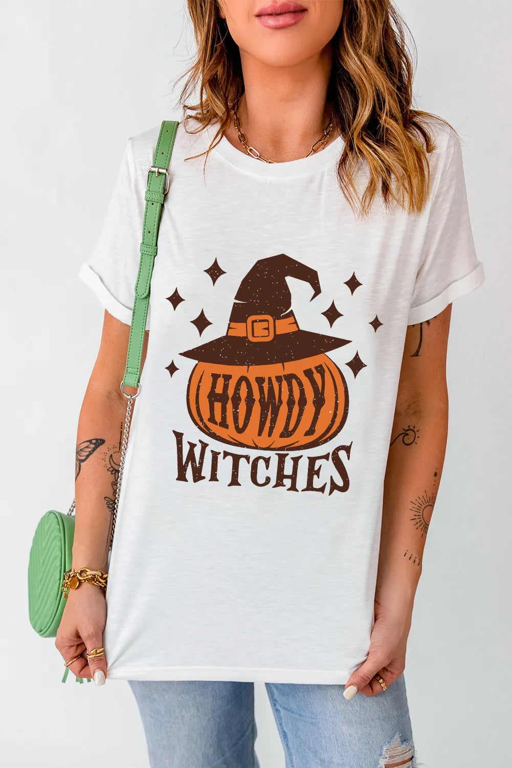 HOWDY WITCHES Round Neck Short Sleeve T-Shirt-Angel Casuals