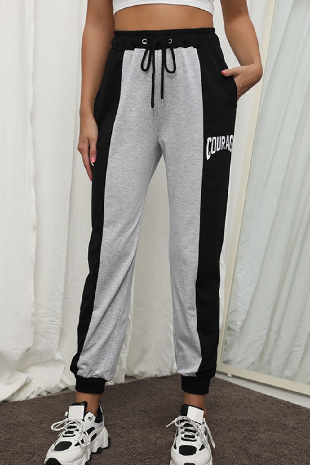 COURAGE Graphic Color Block Drawstring Joggers-Angel Casuals