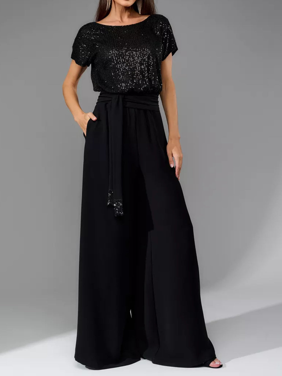 Full Size Sequin Round Neck Short Sleeve Wide Leg Jumpsuit-Angel Casuals