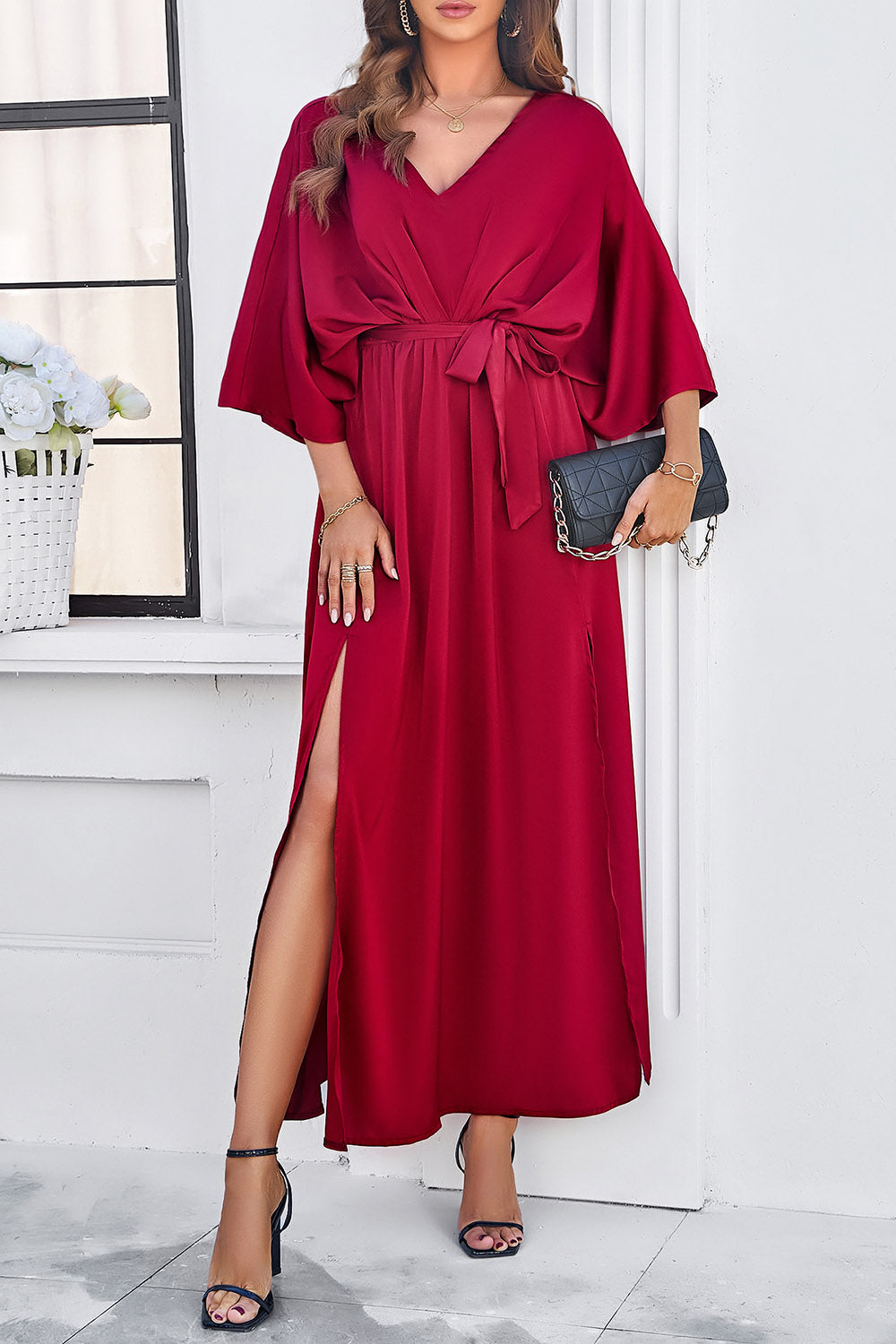 Slit Tied V-Neck Three-Quarter Sleeve Dress-Angel Casuals