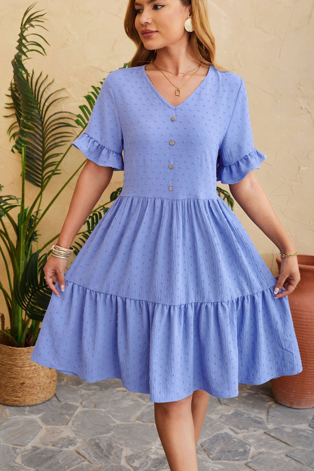 Swiss Dot Ruffled V-Neck Tiered Dress-Angel Casuals