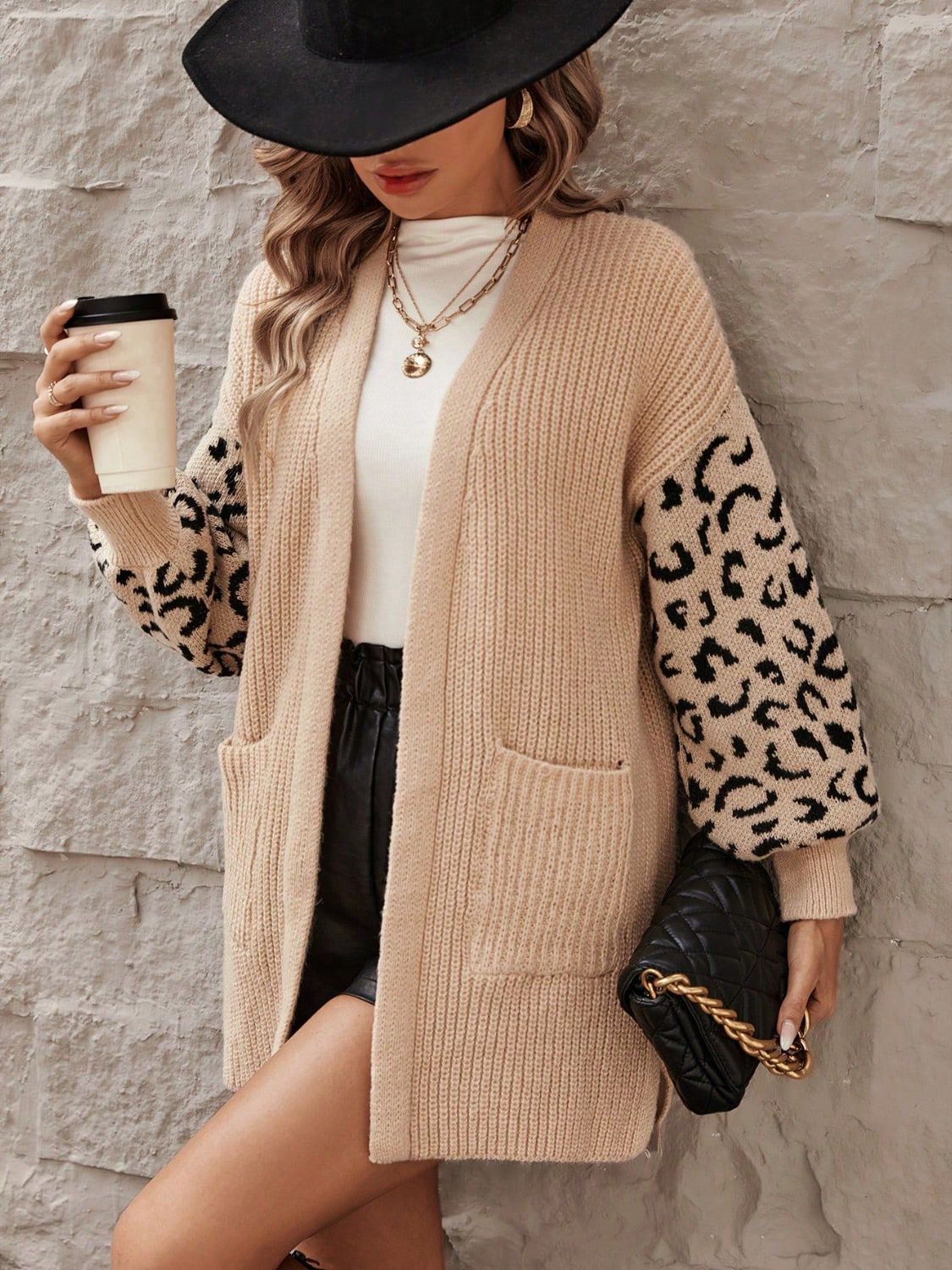 Pocketed Leopard Open Front Cardigan-Angel Casuals