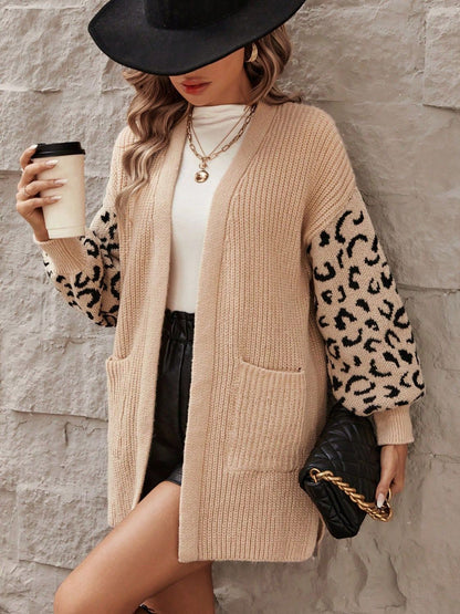 Pocketed Leopard Open Front Cardigan-Angel Casuals