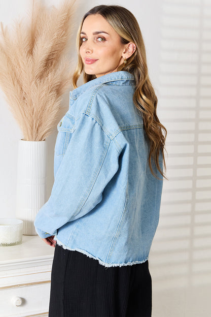 Double Take Dropped Shoulder Raw Hem Denim Jacket-Angel Casuals