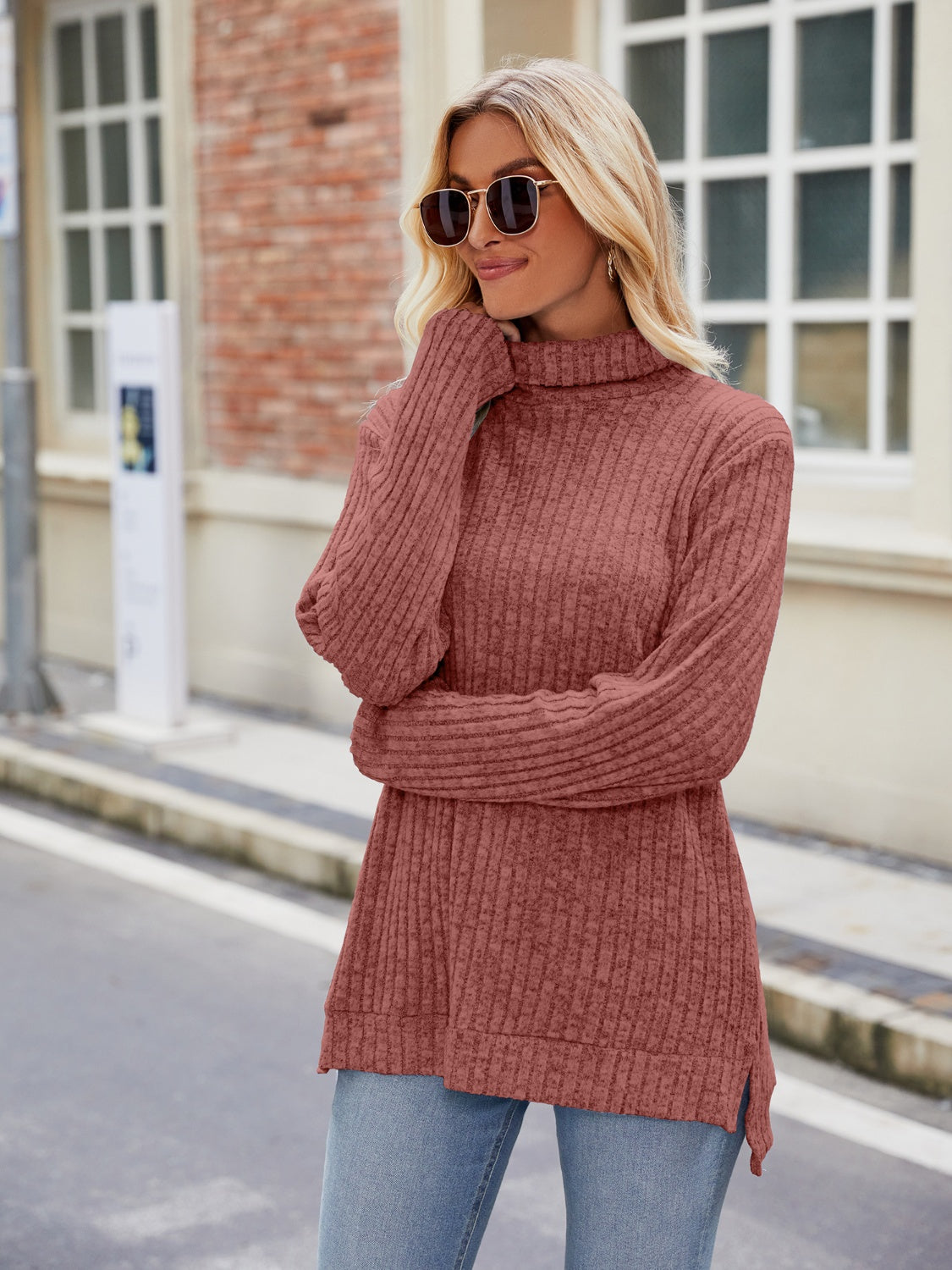 Ribbed Turtleneck Long Sleeve Slit Knit Top-Angel Casuals