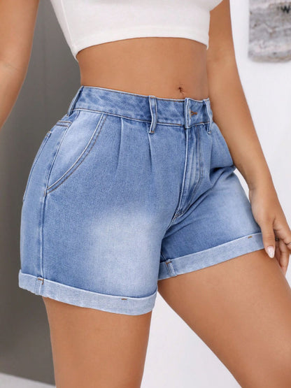 Rolled Hem Mid-Rise Waist Denim Shorts-Angel Casuals