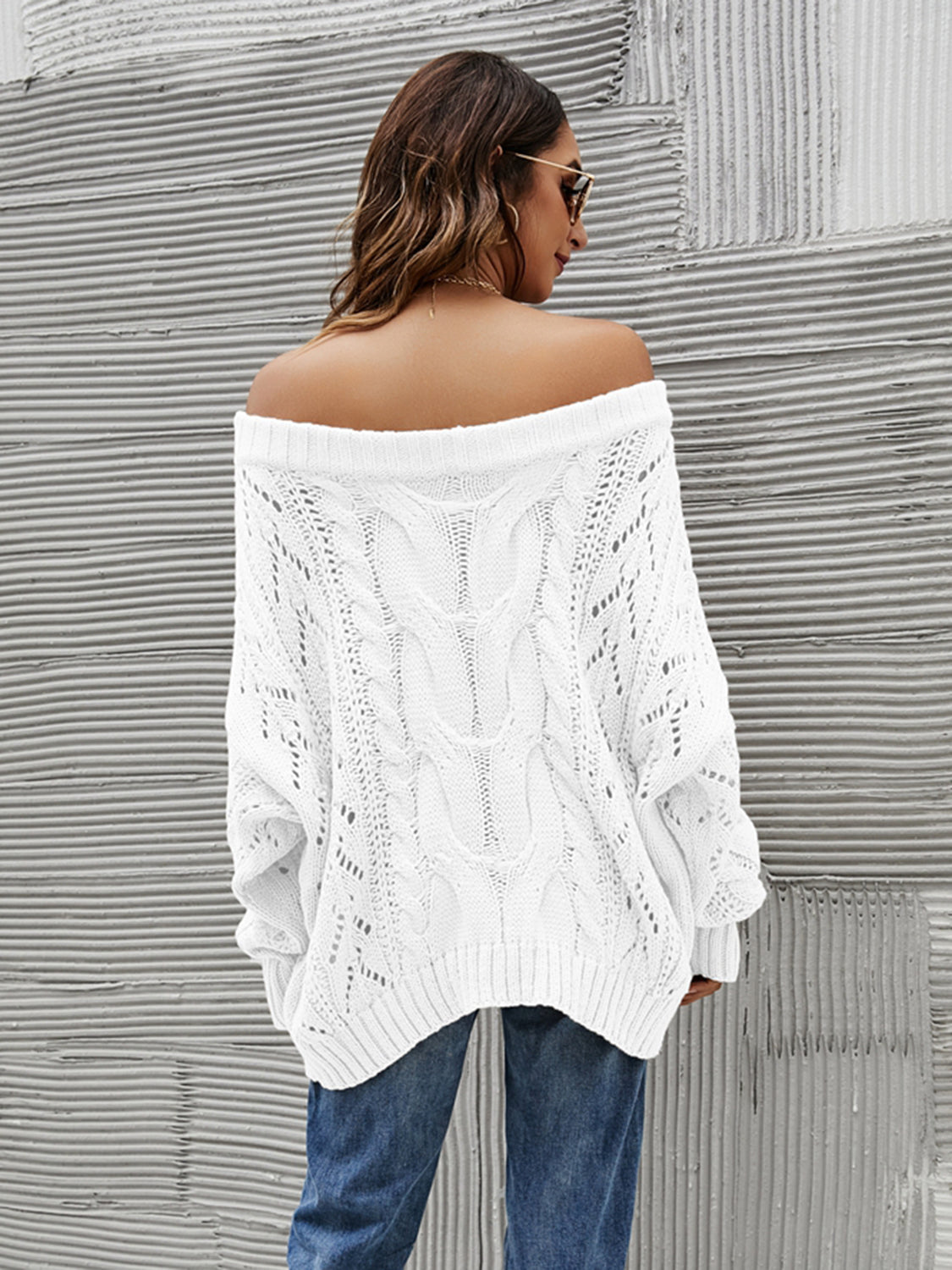 Cable Knit Openwork Off-Shoulder Sweater-Angel Casuals