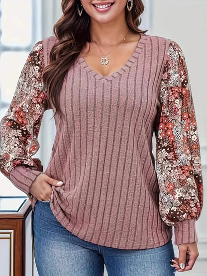Printed V-Neck Long Sleeve T-Shirt-Angel Casuals